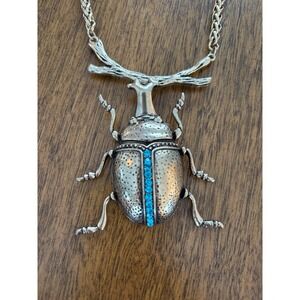 Silver Tone Rhinoceros Beetle Statement Necklace Turquoise Rhinestones